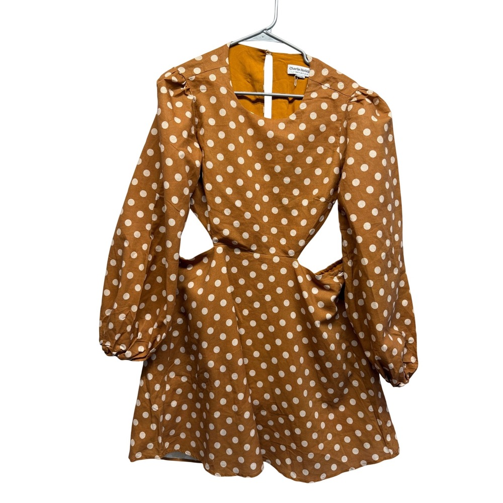 Charlie Holiday Halcyon Open Back Mini Dress‎ Polka Dot Caramel Brown Tan 6